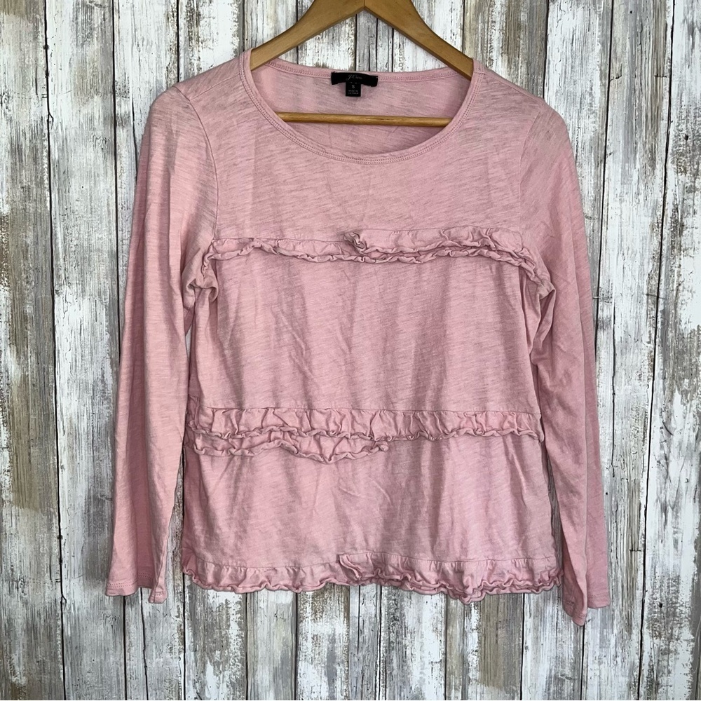 J.Crew Pink Ruffle Long Sleeve Women’s Small Soft Cotton Feminine Casual Blouse - Picture 2 of 6